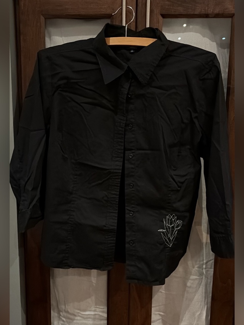 Black Button-Down Shirt with Floral Embroidery